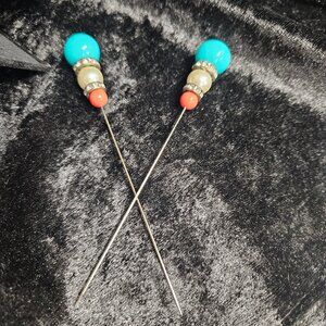 2 Turquoise, Rhinestone, white, red bead hatpins